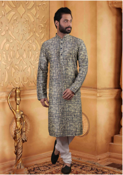 Bluish Grey with Cream Color Silk Kurta Set